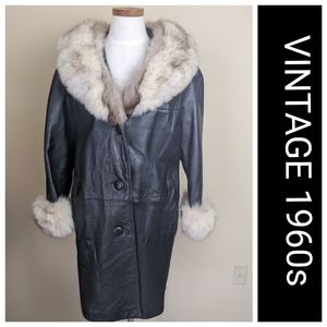 Vtg 60s black leather fur trim dress coat